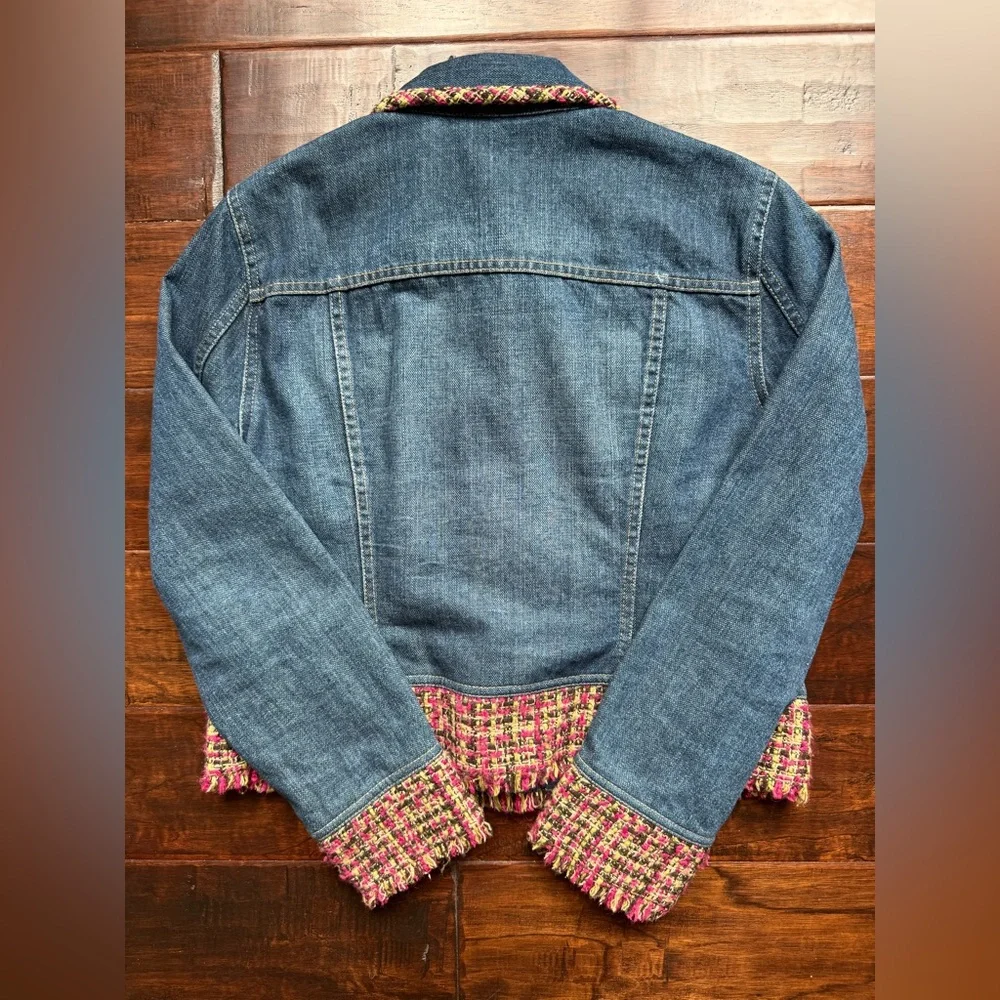 Y2K Liz Claiborne Denim Jean Jacket with Pink Tweed Trim - Picture 2 of 8